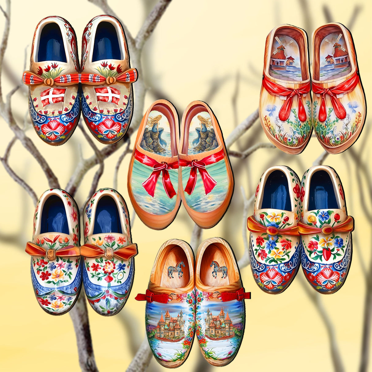 Danish Shoes Decorative Wooden Clip-on Ornaments Set of 6 by G. Debrekht - Love Family Decor - 8090073C-S6