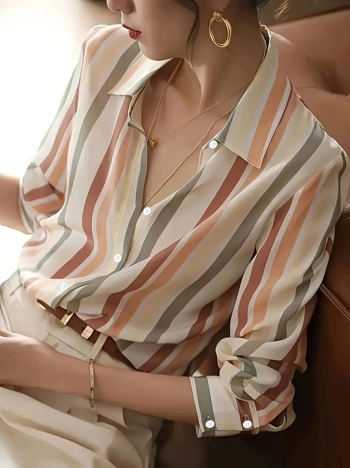 Ladies' Long-sleeved Striped Printed Versatile Casual Shirt - Lootquake