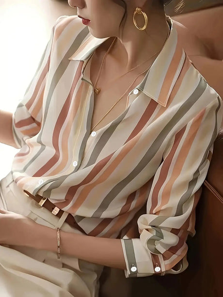 Ladies' Long-sleeved Striped Printed Versatile Casual Shirt - Lootquake