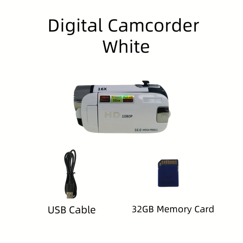 1080P Portable Digital Camcorder, Rotate Screen Digital Camera With Rechargeable Battery And 32G Memory Card Support Selfie, Suitable For Travel Photograph And Friend Gathering And Growth Recording