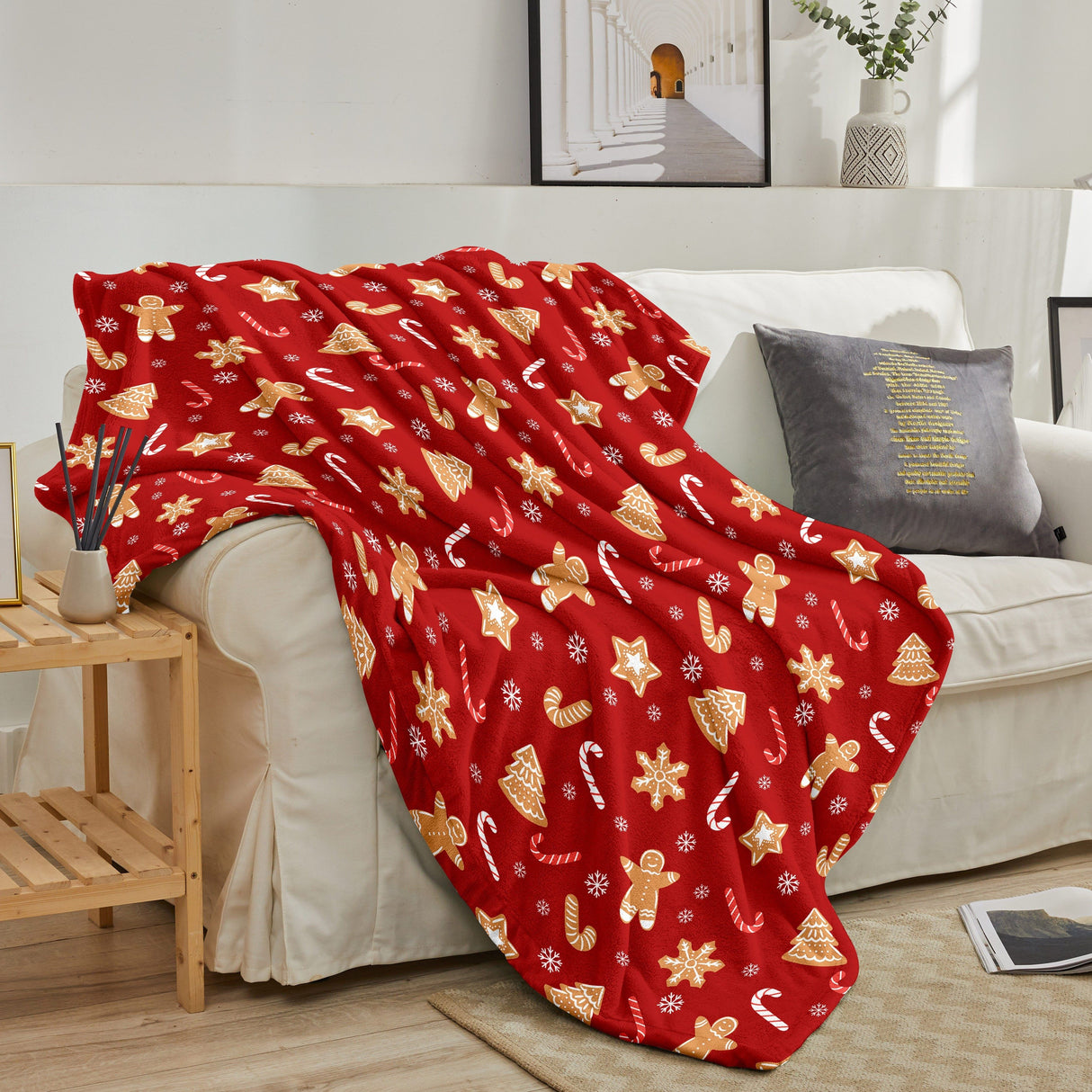 Couverture de Noël, bonhomme en pain d'épices rouge, plaid doux et chaud pour canapé, bureau, lit, camping, voyage, cadeau polyvalent pour toutes les saisons.