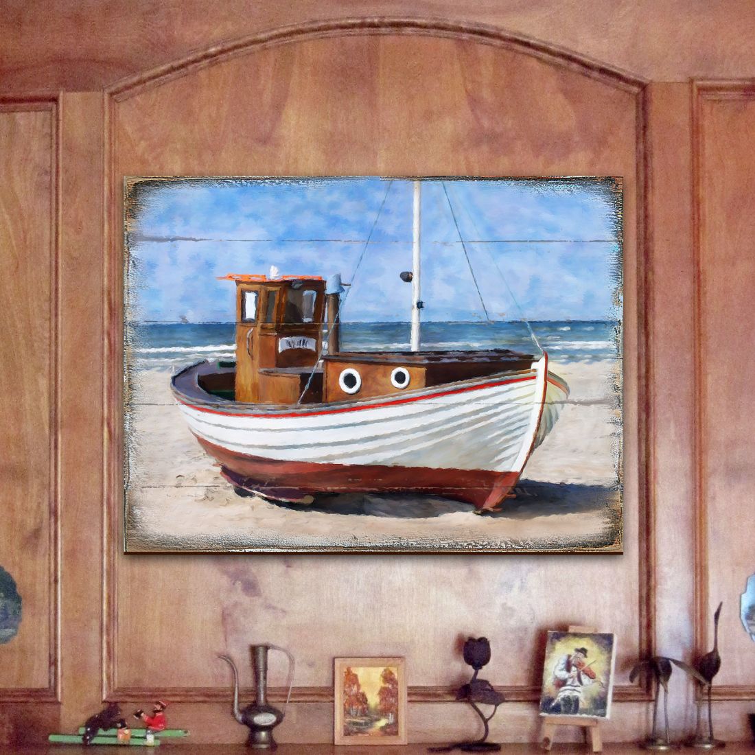 Arte mural costero de madera con vista al mar, barco varado, de Nature Wonders - Decoración costera de vida marina - 95321B