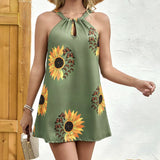 Ladies' Neck Hanging Sunflower Butterfly Print Hollow Sleeveless Casual Dress - Lootquake