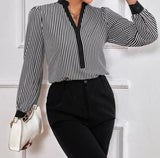 Ladies' New Striped V-neck Cuff Collar Color Block Splicing Fashion Shirt - Lootquake