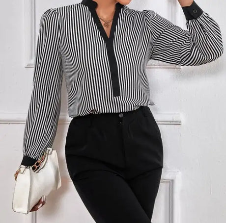 Ladies' New Striped V-neck Cuff Collar Color Block Splicing Fashion Shirt - Lootquake