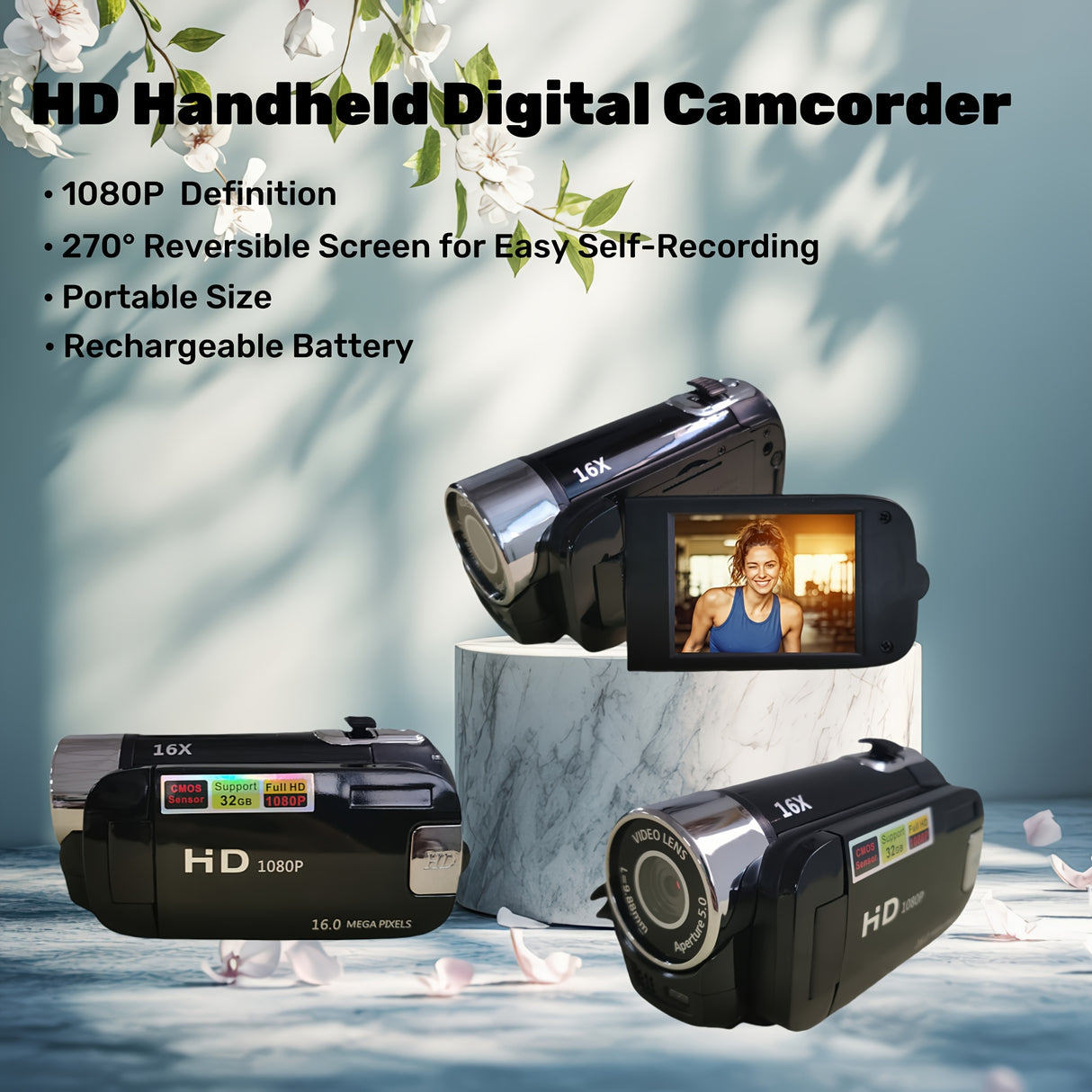 1080P Portable Digital Camcorder, Rotate Screen Digital Camera With Rechargeable Battery And 32G Memory Card Support Selfie, Suitable For Travel Photograph And Friend Gathering And Growth Recording