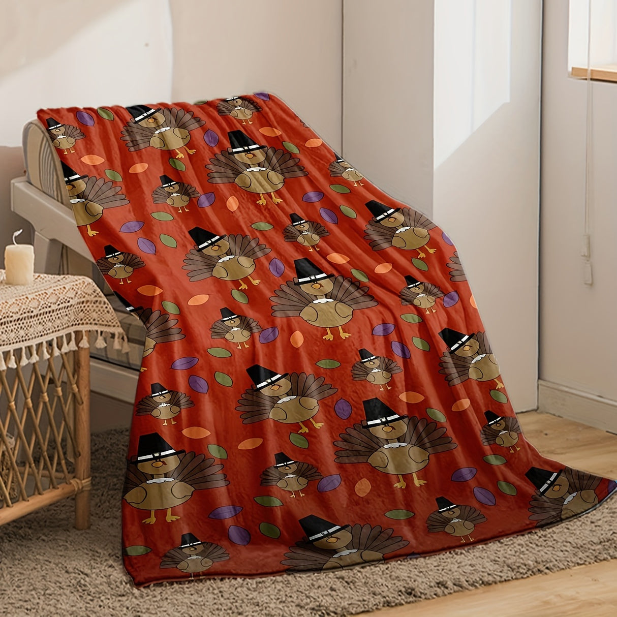 1pc Thanksgiving Turkey Print Flannel Blanket, Soft Warm Throw Blanket Nap Blanket For Couch Sofa Office Bed Camping Travel, Multi-purpose Gift Blanket For All Season