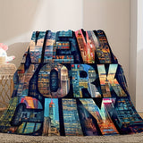 New York City Skyline Reversible Chunky Knit Throw Blanket - Contemporary Polyester Fantasy Design with Soft Comfort for All Seasons
