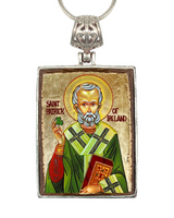 Collar de San Patricio bañado en plata, joyería religiosa, cabujón de madera bañado en oro - Icono sagrado celta - Decoración celta - 43060R