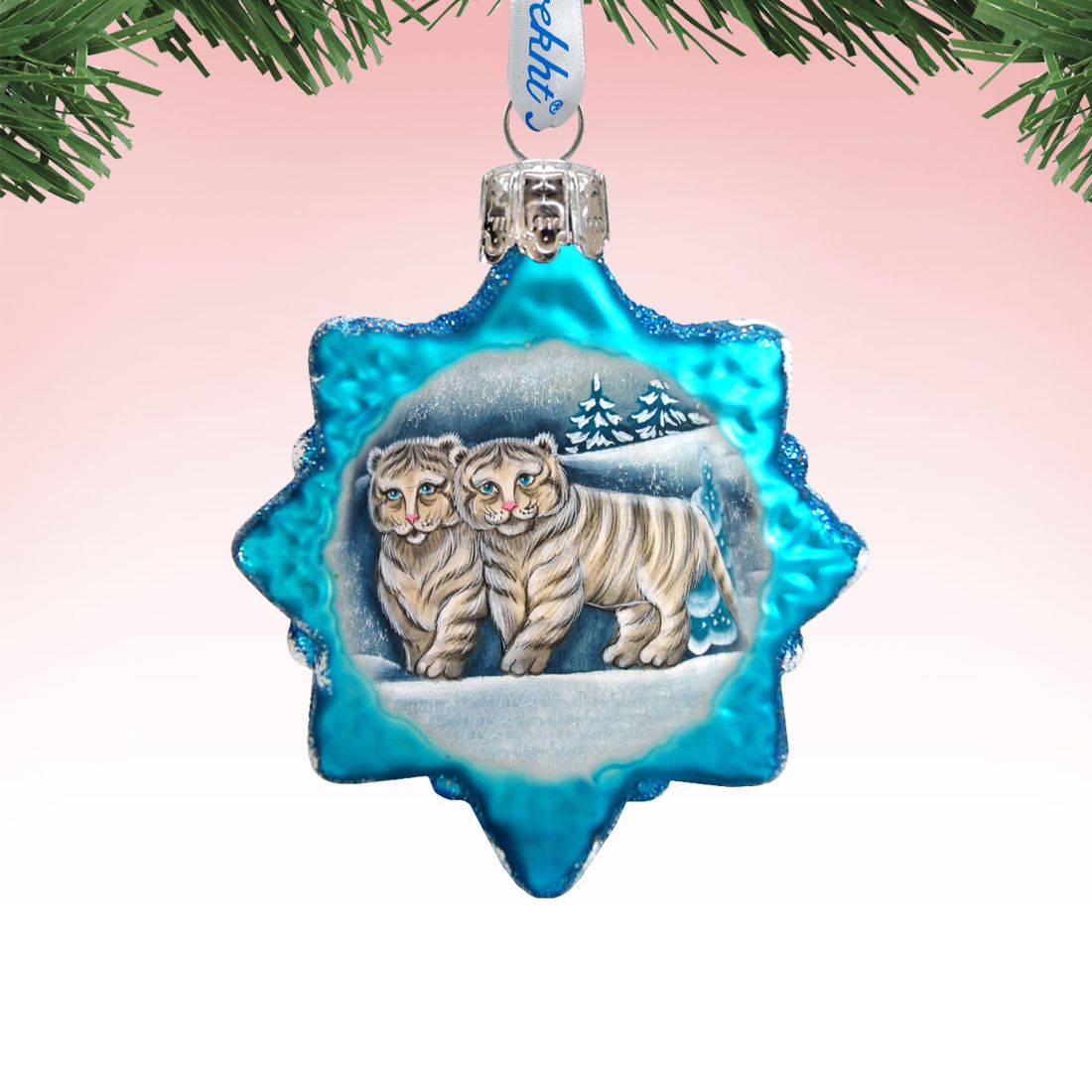 Adorno navideño de vidrio de mercurio con cachorros de tigre blanco de Santa Claus de G. DeBrekht - Decoración navideña con vida silvestre - 771017