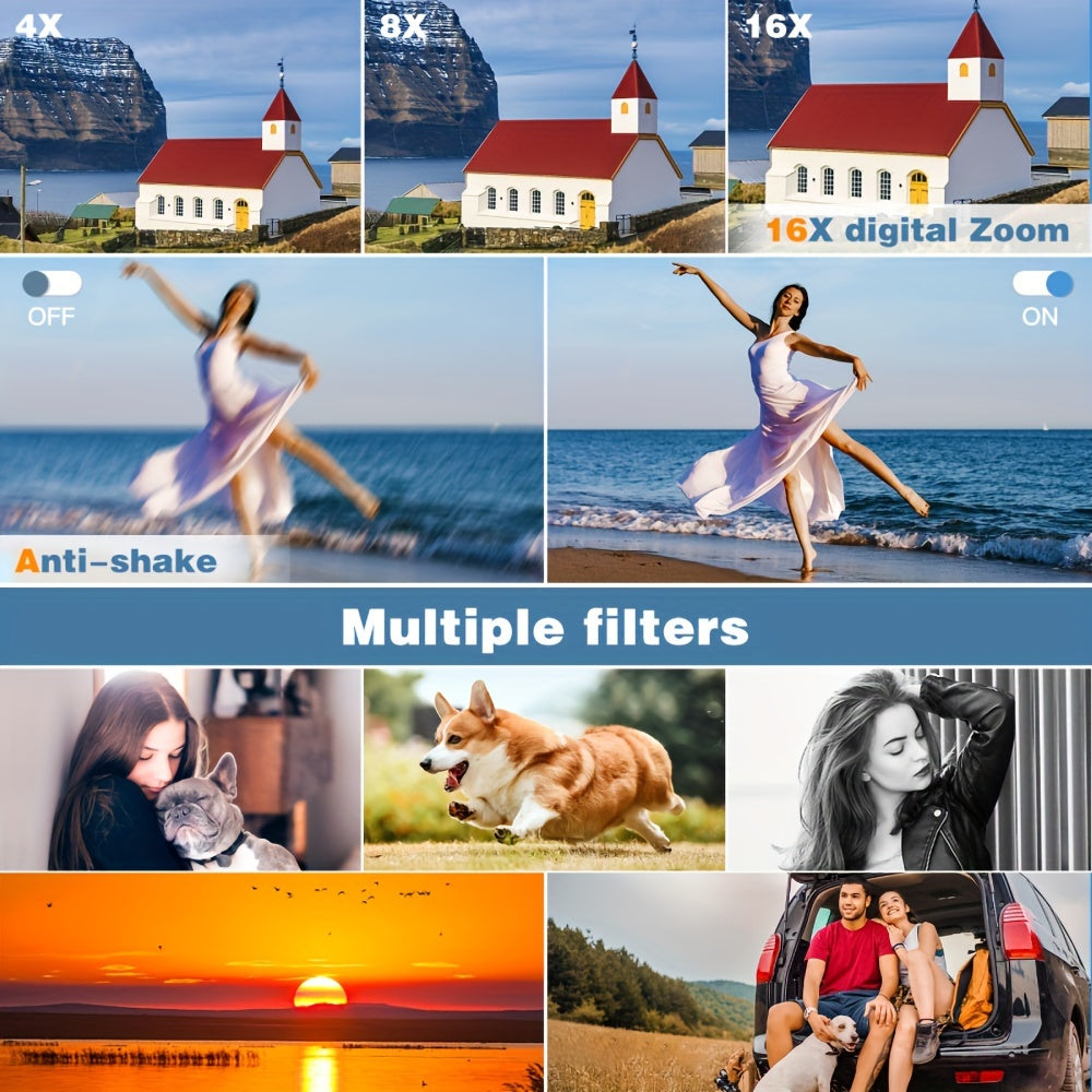 Cámara digital 4K de 48 MP, pantalla abatible de 3", enfoque automático, antivibración y zoom de 16x para fotografía y vídeo.