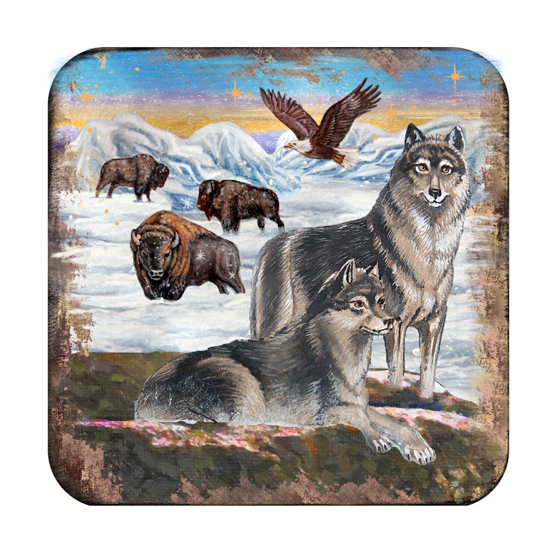 Juego de 4 posavasos de corcho de madera con diseño de lobos invernales de Nature Wonders - Decoración de vida silvestre - 95222C-S4