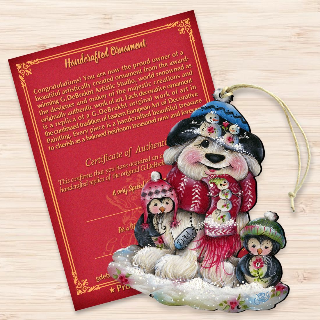 Dog and Penguin Wooden Ornaments by Jamie Mills-Price - Pets Dog and Cats Decor - 8457503