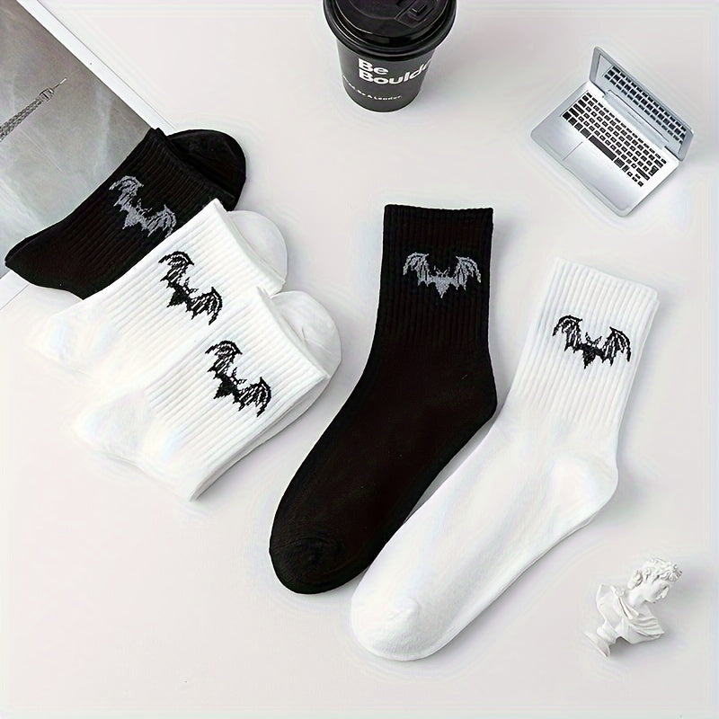 5 Pairs Bat Print Socks, Gothic & Comfy Mid Tube Socks, Women's Stockings & Hosiery