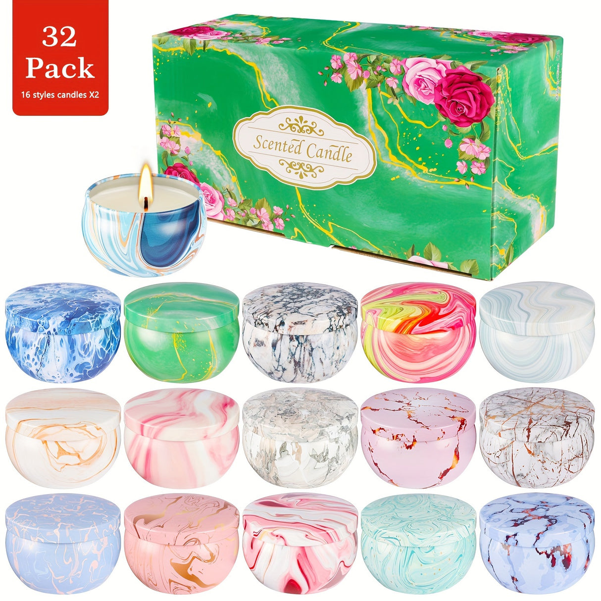 4*6cm [1.57*2.37in] 2.5oz*32, Marbled Jar Candle, Each Pattern Has Its Own Characteristics, Colorful, Beautiful. This Scented Candle Is Widely Used For Holiday Gifts And Home Renovations. Note: No Open Flame Heating