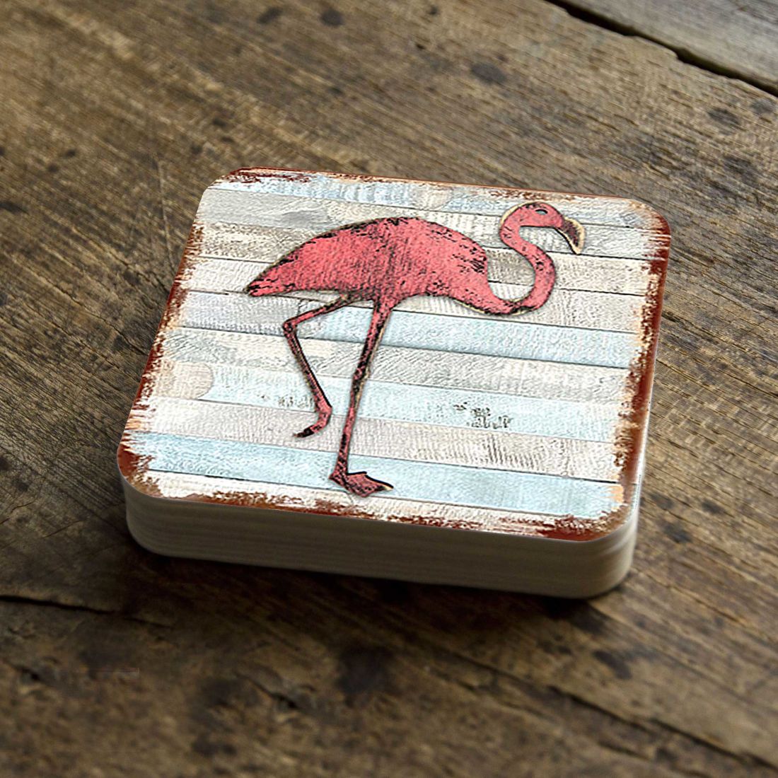 Flamingo Coastal Wooden Cork Coasters Gift Set of 4 by Nature Wonders - Coastal Sea-Life Decor - 8198544-9C-S4