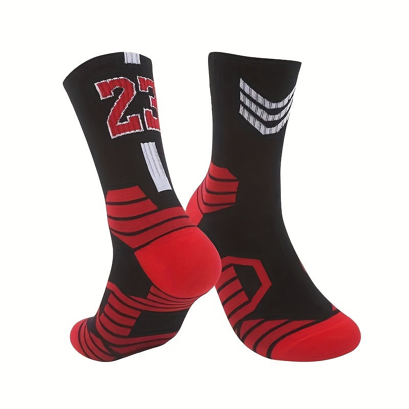 Alphabetic Patterned Sports Socks for Adults - Non-Slip, Shock Absorbing, Towel-Lined, Breathable, Quick-Drying, Moisture-Wicking, Anti-Odor, All-Season, Comfortable Fit - Polyester Blend, Knit Fabric, Ideal for Basketball Tr