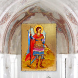 Icono religioso cristiano sagrado de madera bañado en oro de San Miguel Arcángel - Decoración inspiradora - 85022