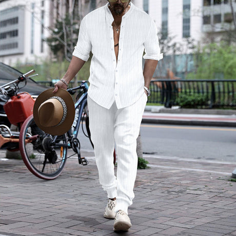 Men's Striped Hengli Collar Shirt Trousers - Lootquake