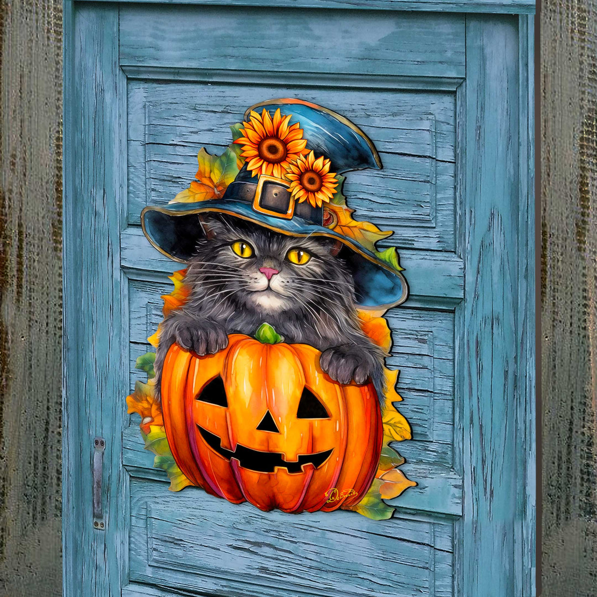 Black Cat Pumpkin Holiday Door Decor by G. DeBrekht - Halloween Decor - 8652794H