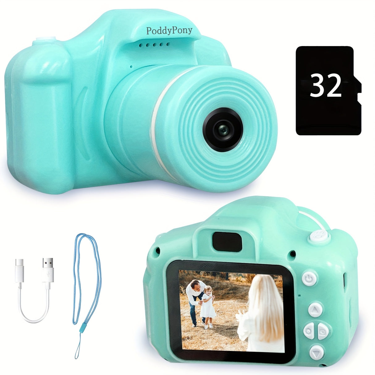 Appareil photo numérique pour enfants 32 Go - Portable, objectif long, vidéo HD, design adapté aux tout-petits - Cadeau idéal pour un anniversaire, un festival ou Noël pour les jeunes photographes