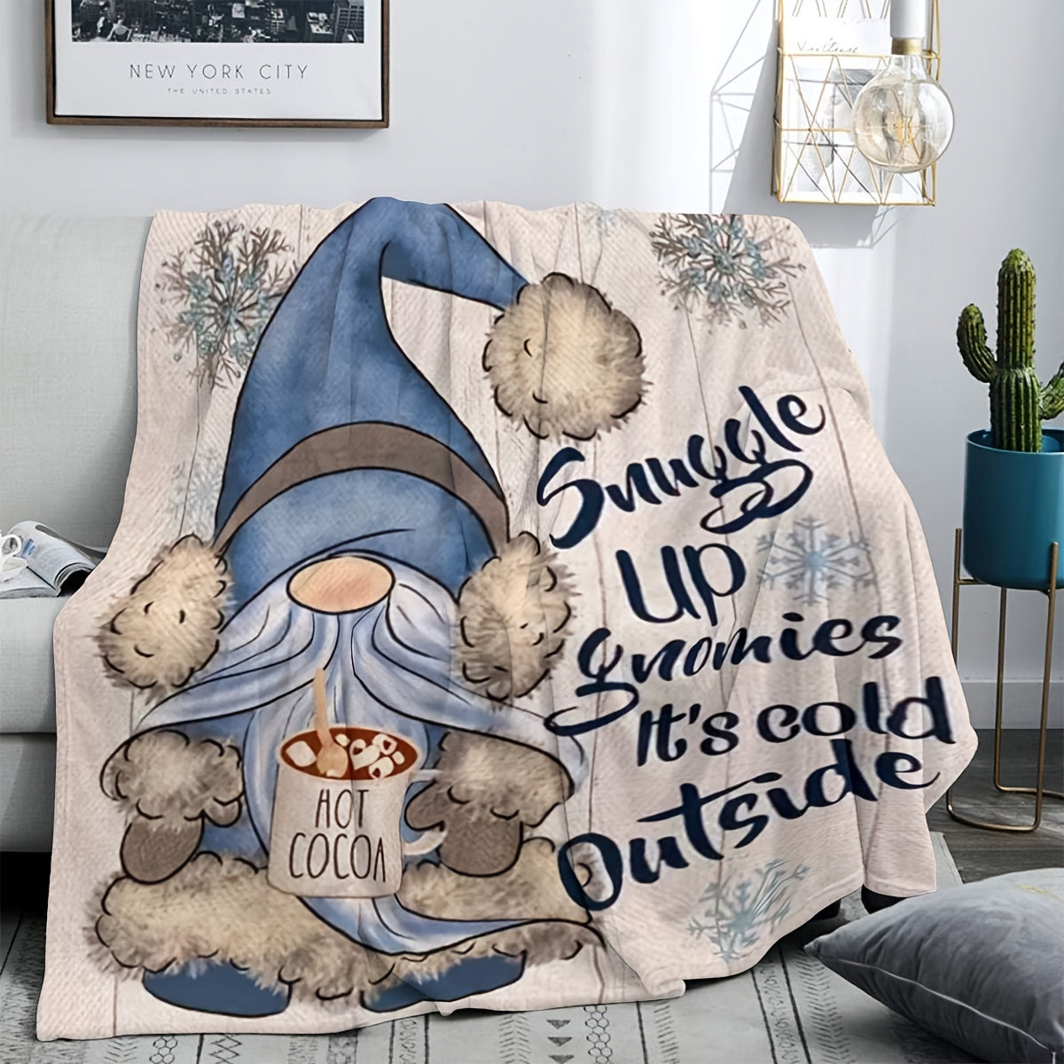 1pc Cozy Christmas Blue Gnome Printed Flannel Blanket - Soft, Warm, Multi-Purpose Shawl for Office, Home, Leg Cover - Perfect for Cold Winter Nights, Gift Idea