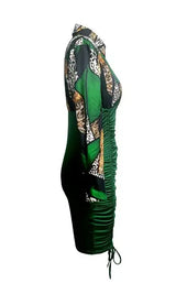Women's Printed Waist Cinching Drawstring Pleated Hip Hugging Dress - Lootquake