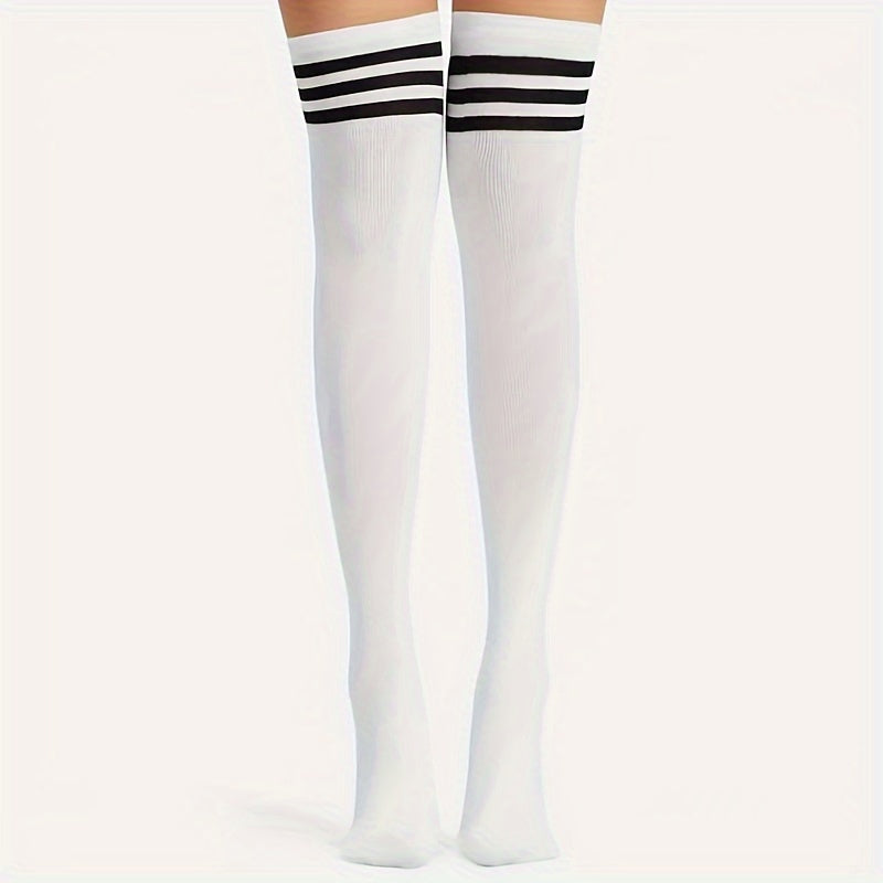 2 pares de medias altas hasta el muslo con rayas retro - Estilo universitario de moda - Calcetines suaves y elásticos por encima de la rodilla para el armario de una mujer