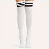 2 pares de medias altas hasta el muslo con rayas retro - Estilo universitario de moda - Calcetines suaves y elásticos por encima de la rodilla para el armario de una mujer