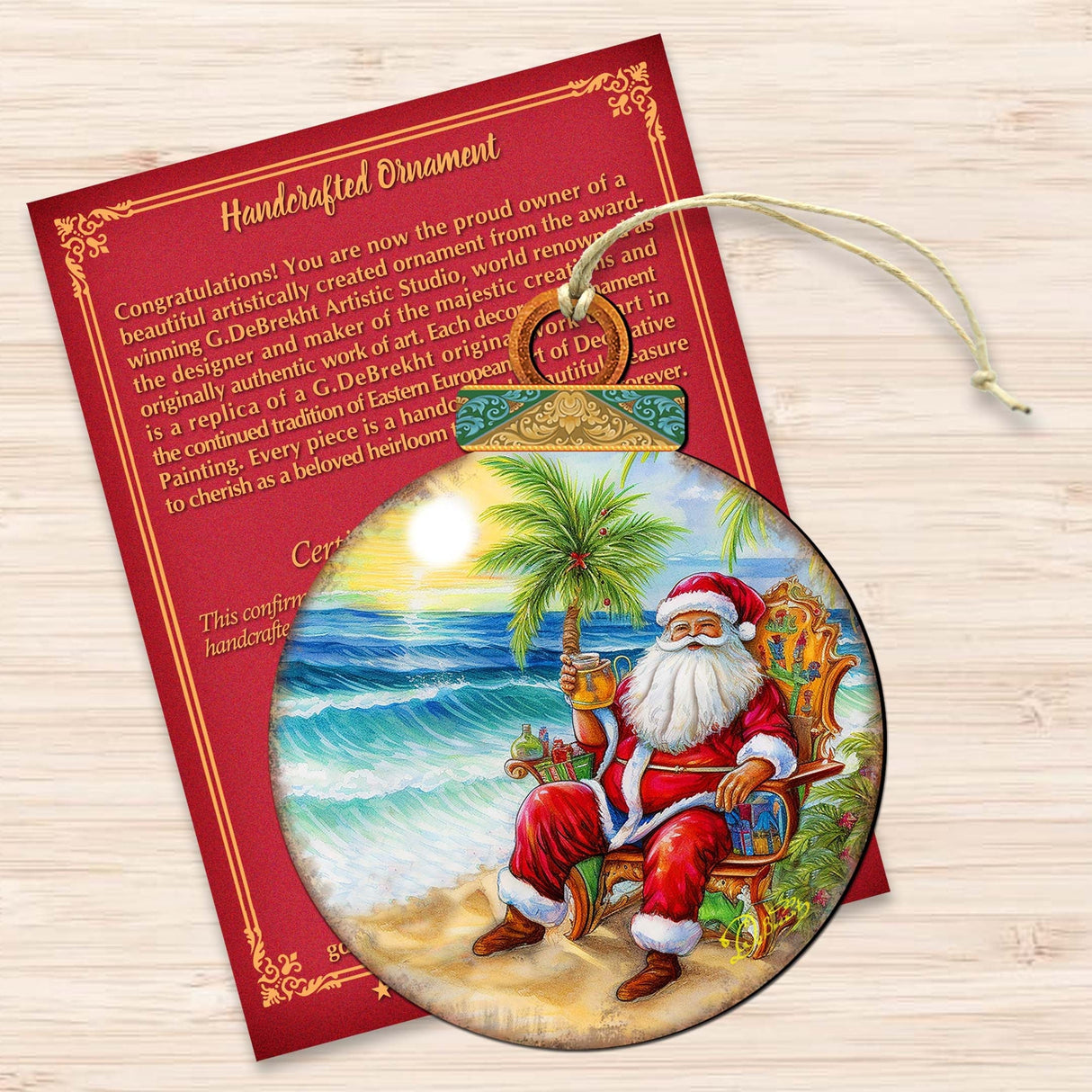 Coastal Christmas Decor - Sunset with Santa Wooden Ornaments by G. Debrekht Coastal Holiday Decor - 8688183