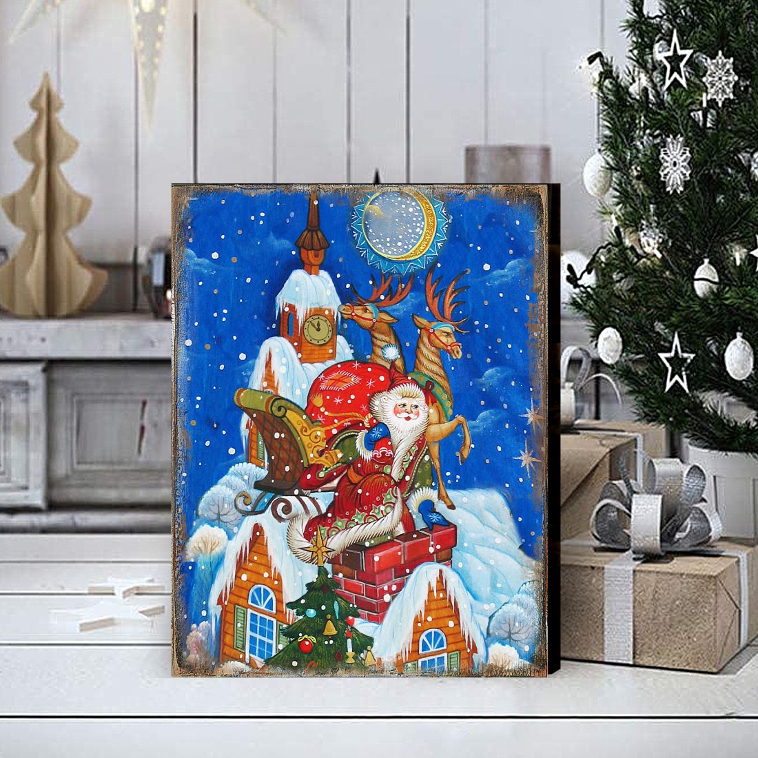 Arte mural de madera de Papá Noel con entrega especial de G. DeBrekht - Decoración navideña de Papá Noel y muñeco de nieve - 81215822B