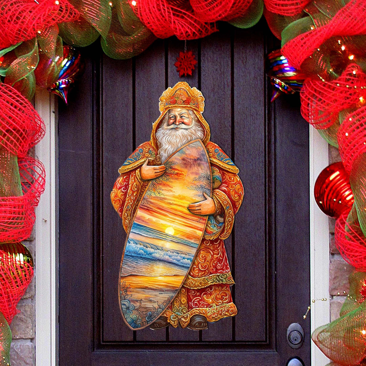 Decoración navideña para puerta con paseo en surf tropical de Papá Noel, de G. Debrekht - Decoración navideña de muñeco de nieve de Papá Noel - 8691413H