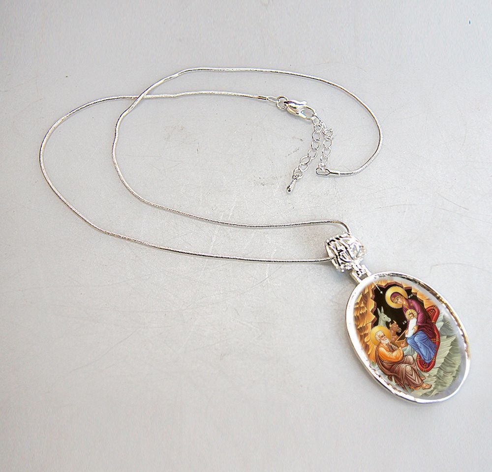 Orthodox Nativity Silver Plated Mother of Pearl Necklace Jewelry - 43052