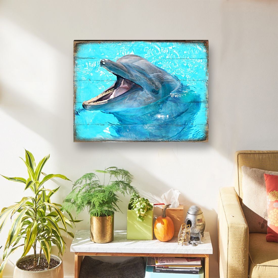 Arte de pared costero de madera con diseño de delfines de Sowers de Nature Wonders - Decoración costera de vida marina - 95267B