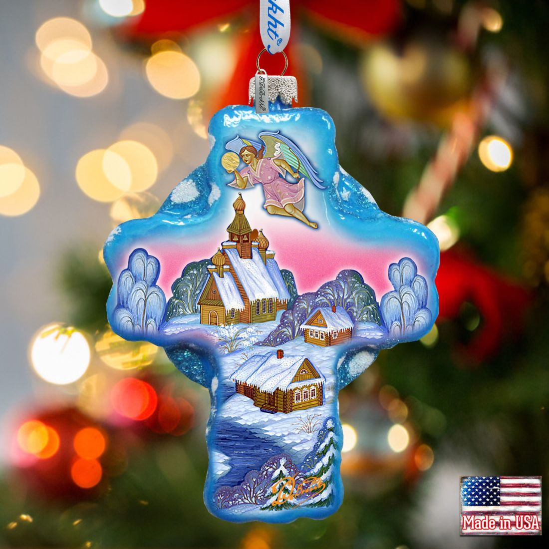 Angel Village Cross Glass Ornament by G. DeBrekht - Nativity Holiday Decor - 758-002