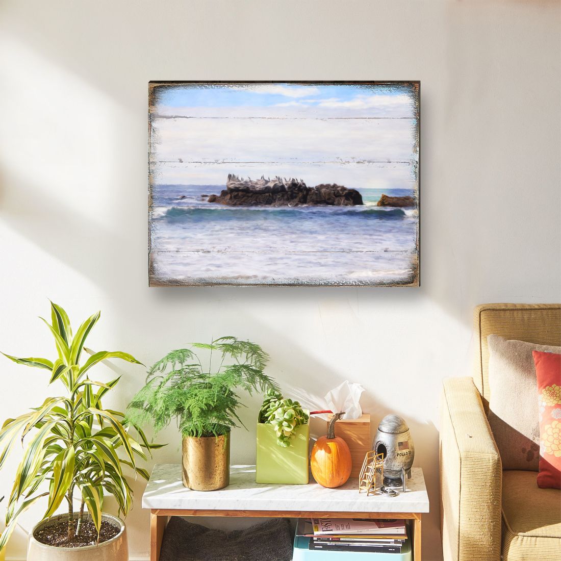 Arte mural costero de madera "Roca en la orilla" de Nature Wonders - Decoración costera de vida marina - 95252-2B