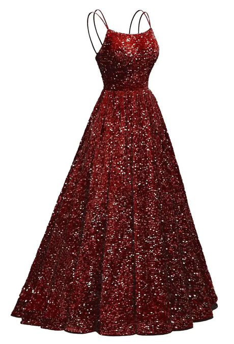 Prom Dresses Long A Line Burgundy Sequin Spaghetti Straps Prom Cocktail Dresses Evening FormalR176 - Lootquake