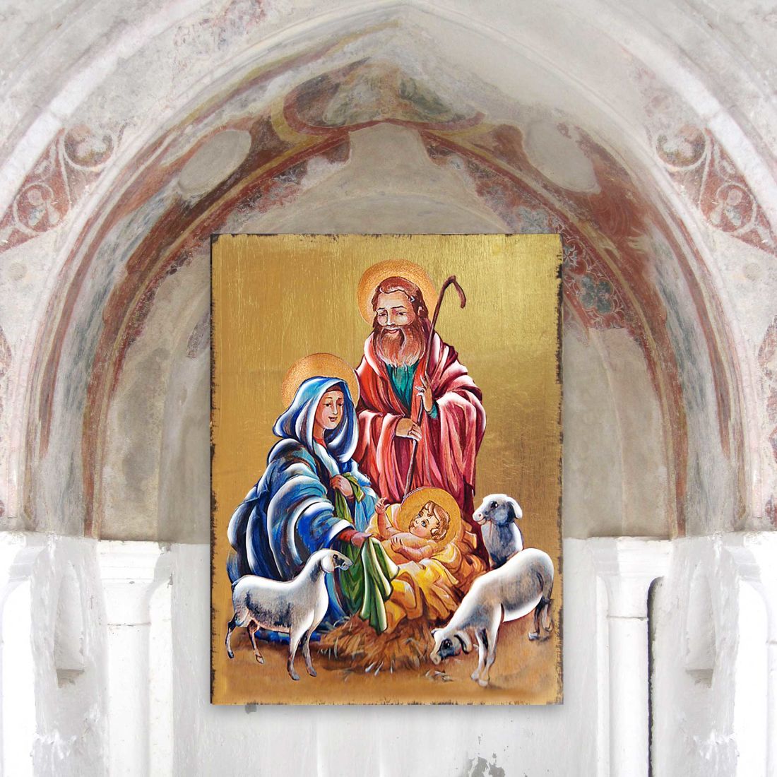 Icono religioso cristiano sagrado de madera dorada de la Sagrada Familia - Decoración inspiradora - 85050