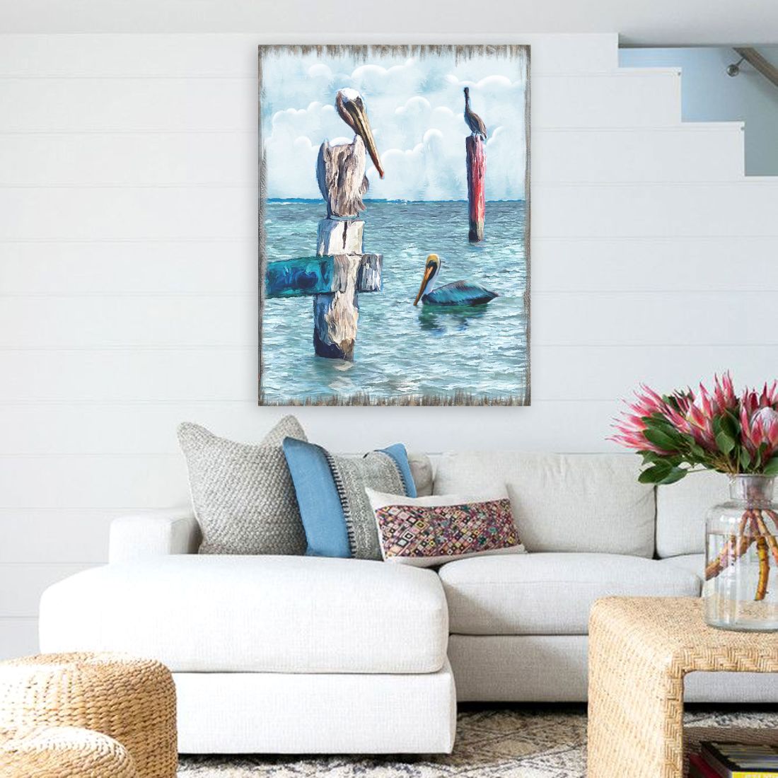 Arte de pared costero de madera con aves pacíficas, pelícanos y gaviotas de Nature Wonders - Decoración costera de vida marina - 95252-4B