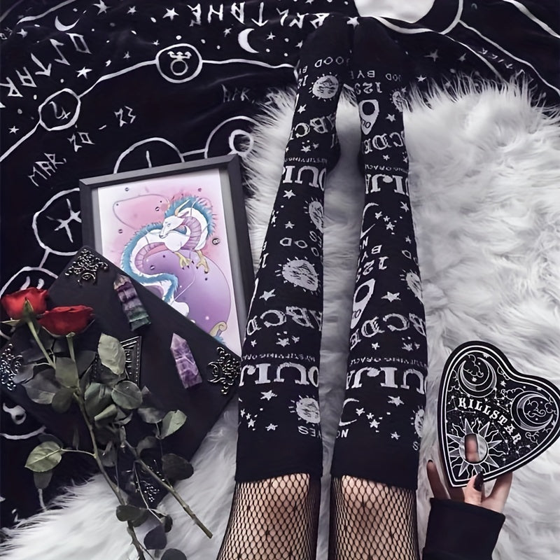 Calcetines hasta la rodilla con estampado de letras y sol de dibujos animados, cómodos y combinables, medias y calcetería para mujer