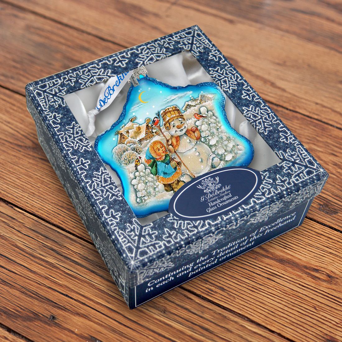 Building A Snowman Snowflake Glass Ornament by G. DeBrekht - Christmas Santa Snowman Decor - 754-005