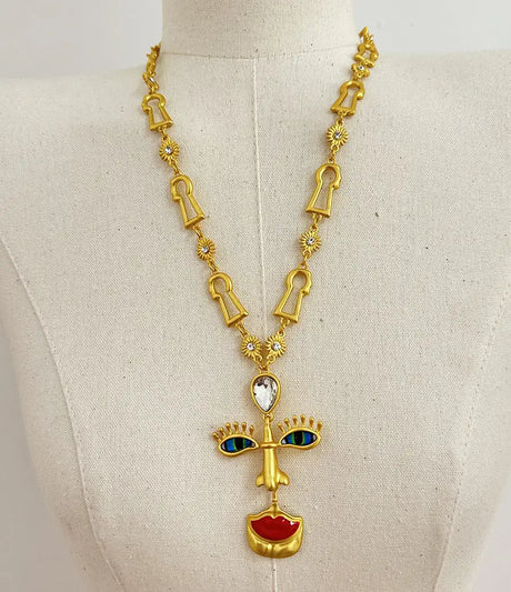 Minority Design Vintage Red Lip Nose Eye Pendant Necklace - Lootquake