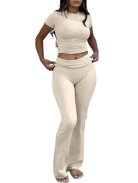 Casual Solid Color Slim Fit Two-piece Pants Set, Short Sleeved Round Neck T-shirt And Tight Flared Pants Sports Pants Clothing, Women's Clothing - Lootquake