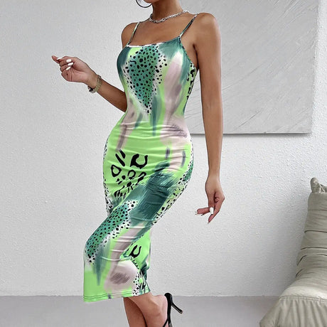 Ladies' Leopard Print Cross Shoulder Strap Backless Dress With A Banquet Vibe, Out Of The Street Fashion Bag Arm Long Skirt - Lootquake