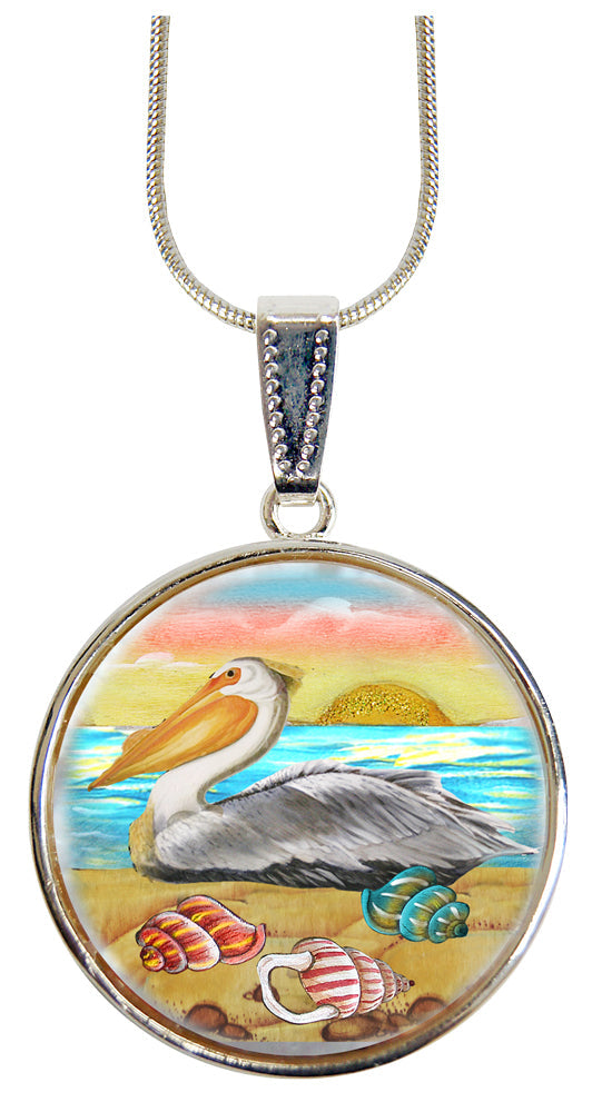 Collar con colgante de nácar bañado en plata con diseño de pelícanos y aves marinas - 44047