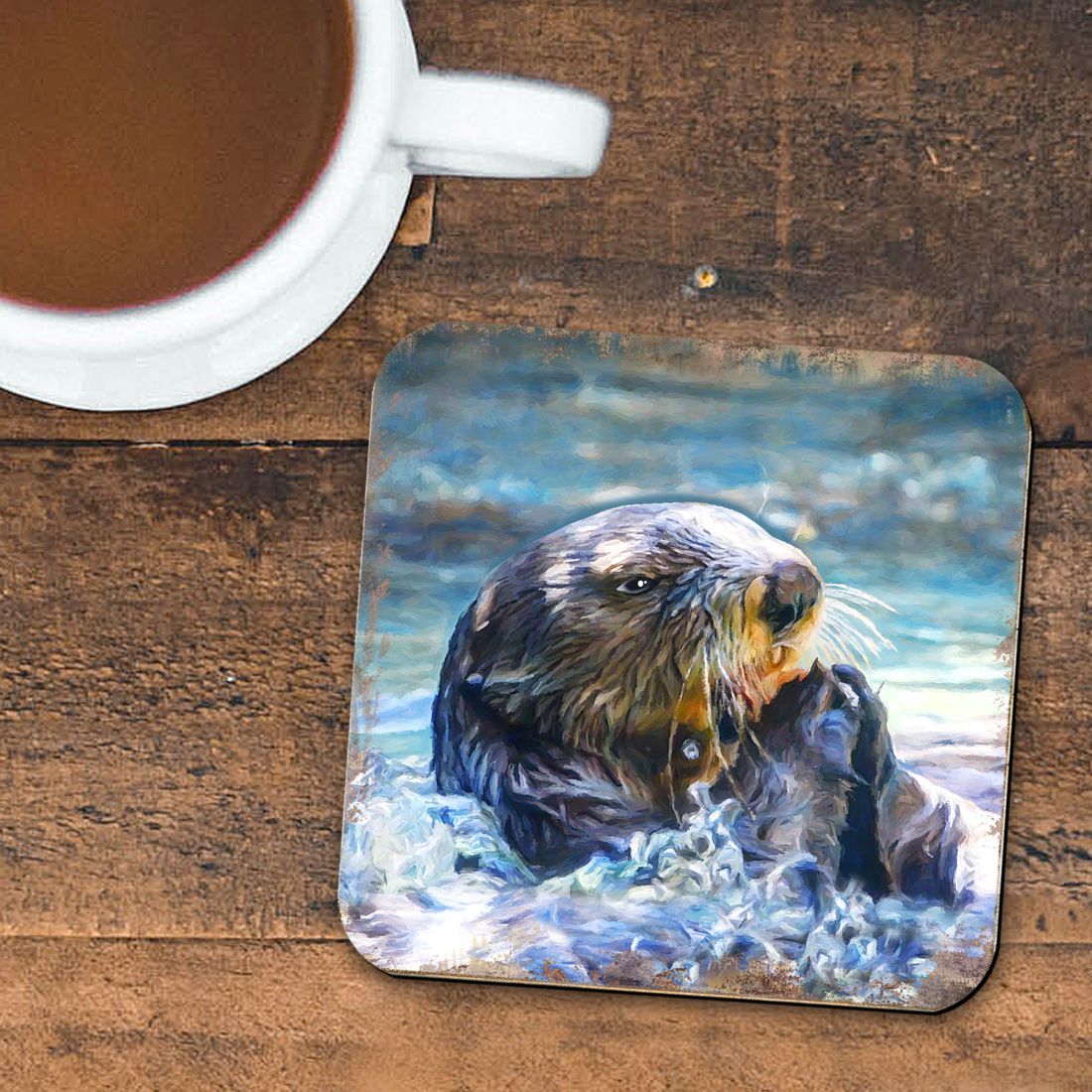 Otter Coastal Wooden Cork Coasters Gift Set of 4 by Nature Wonders - Coastal Sea-Life Decor - 95239C-S4
