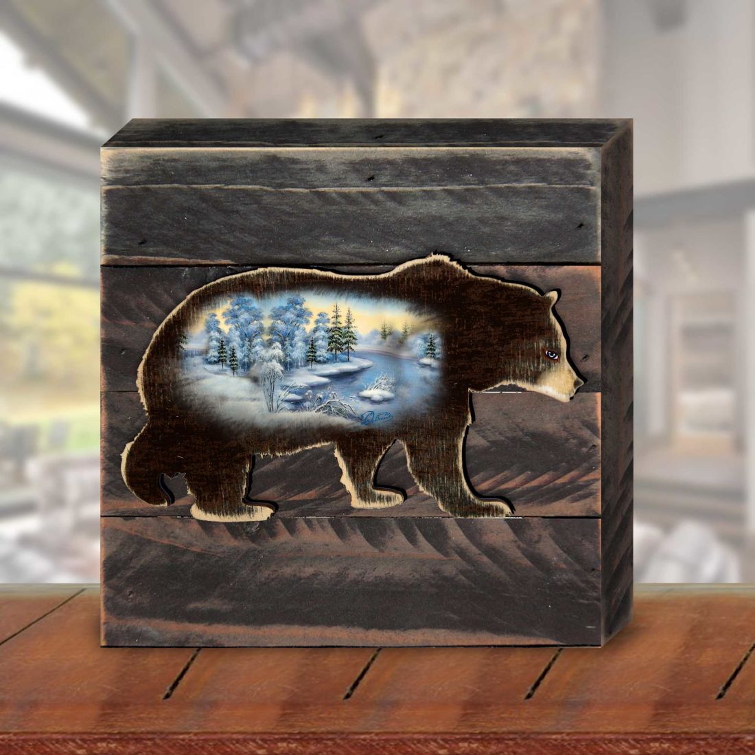 Decoración de madera con oso y paisaje invernal de G. DeBrekht - Decoración navideña con vida silvestre - 8198215B