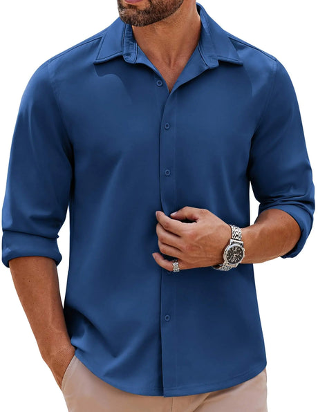 COOFANDY Mens Long Sleeve Button Down Shirts Casual Untucked Shirts Stretch Shirts Dark Blue - Lootquake