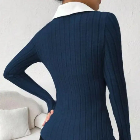 Ladies' Fashion Elegant Solid Color Long Sleeve Autumn Winter POLO Collar Fake Two Piece T-shirt Top Elegant Customization - Lootquake