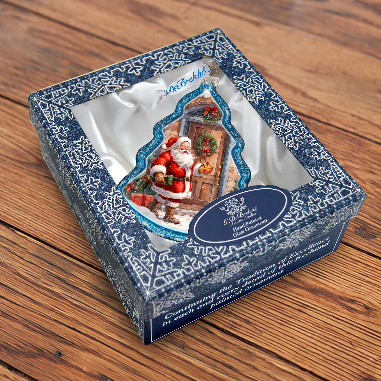 Adorno de vidrio para árbol de Navidad con Papá Noel llamando a la puerta, de G. Debrekht - Decoración navideña con muñeco de nieve de Papá Noel - 762-030